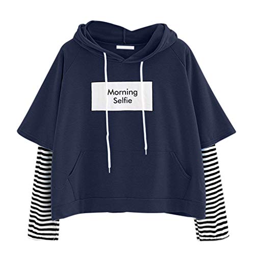 Preisvergleich Produktbild Kolila Kapuzenpullover Fake Zweiteiler Damen Hoodie Sweatshirts Lässige Streifen Langarm Patchwork Crop Tops Bluse Pullover