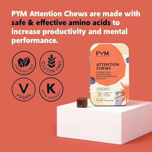 PYM Attention Chews Support for Procrastination, Focus & Productivity, 60 Count | 518mg L-Carnitine, 54mg Tyrosine, 11mg L-Taurine - Caffeine-Free | All-Natural Mood Boost Supplement Made in USA - Image 4