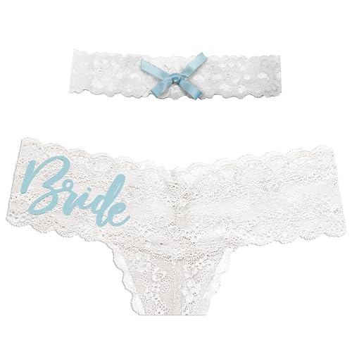 RhinestoneSash Something Blue Bridal Shower Gift - SET OF 2: LightBlue Glam Bride White Lace Thong Panty & Blue Bow White Garter - Wedding Day Lingerie - Medium Thong/Garter(LtBlu Brde) Wht/Md