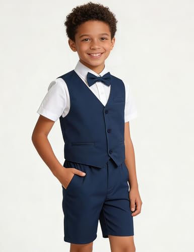Image of A&J DESIGN Boys Short Suit Set 3 Pieces Kids Formal Gentleman Outfit, 4-11 Years, Shirt + Vest + Shorts + Bow Tie