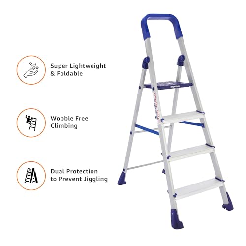 Image of amazon basics Clamber Pro - Foldable Step Ladder, Firm Grip, 4 Steps (Aluminium Steps, Blue & Satin)