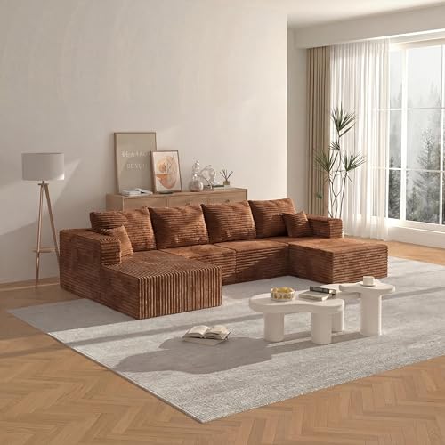 Image of 138 inch Modern Modular Sectional Sofa, U-Shaped Cloud Couch, Soft Corduroy Boneless Couch with 3060 High Rebound Memory Foam, Sectional Couches for Living Room-Brown(Left Facing Chaise)
