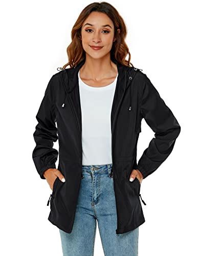Avoogue Women's Lightweight Hooded Waterproof Packable Active Casual Rain Jackets Black L #TOP4