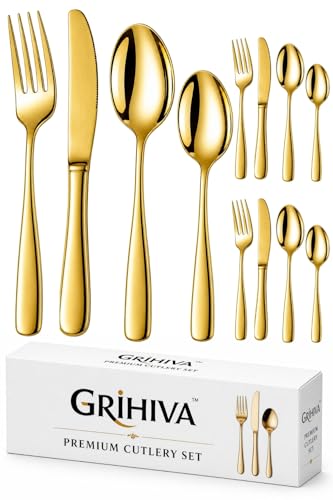 Image of 12 Pcs Gold Mirror Polish Stainless Steel Cutlery Set for Dining Table with Spoons and Forks Set + Butterknives - The Perfect Tableware /Flatware