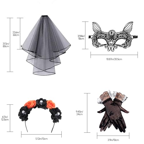 Lifreer Day of The Dead Womens Accessories, Halloween Flower Headband, Black Veil, Lace Eye Mask - Image 2