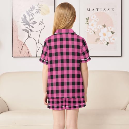 Pink and Black Checked Summer Satin Pajama Set, Cute Button-Down Sleepwear Pj Set for Sleep Wears4