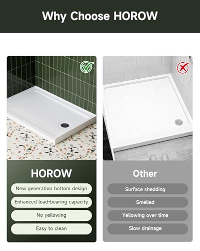 Image of HOROW Shower Base 48 inch x 32 inch, Right Drain Single Threshold Shower Base in White with Efficient Drainage, Non-Slip, Stainless Steel Cover, Small Rectangle Acrylic Shower Pan for Bathroom