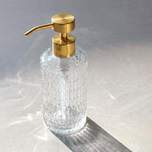 Image of Fluted Glass Hand Soap Dispenser with Gold Pump for Bathroom, 17oz | Vintage Art Deco Reeded Glass, Refillable Clear Ribbed Bottle, Rust-Proof Gold Finish Pump, for Kitchen Countertop