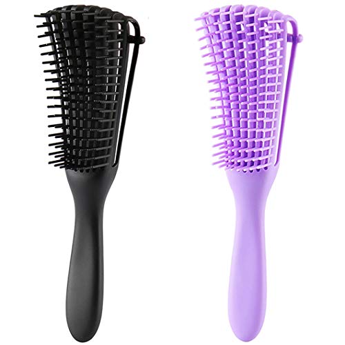 2 Pack Detangling Brush for Natural Black Hair Detangler for Afro America 3a to 4c Kinky Curly Wavy Eliminate Knots While Exfoliating Your Scalp and Stimulate Blood Circulation (Black & Purple)