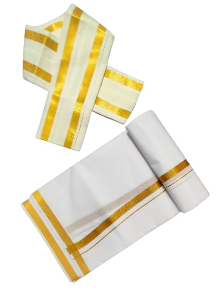 Image of 2 Meters Men's Silk cotton Zari Big Border Dhoti /lungi /vesti with Angavastram /gamcha towel /white RJ1