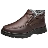 LETCLOCOM Men's Leather Warm Fur Lined Slip On Snow Boots Winter Hand Stitching Low Top Anti-Slip Outdoor Water Resistant Sneakers Boots Lightweight Casual Walking Loafers Shoes (brown,11)