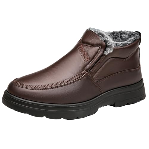 Best Mens Low Cut Winter Boots for Comfort and Style 15 Men's Leather Warm Fur Lined Slip On Snow Boots Winter Hand Stitching Low Top Anti-Slip Outdoor Water Resistant Sneakers Boots Lightweight Casual Walking Loafers Shoes (Brown,7)