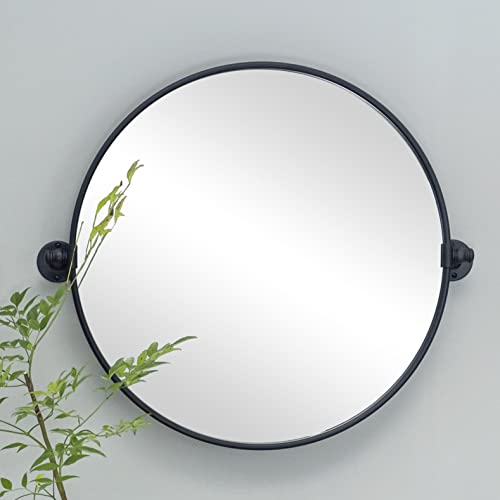 Image of Round Pivot Bathroom Mirror Black Circle Metal Framed Tilting Vanity Mirrors for Wall, Overall 27.98 x 24 inches (Mirrror 24 x 24 inches)