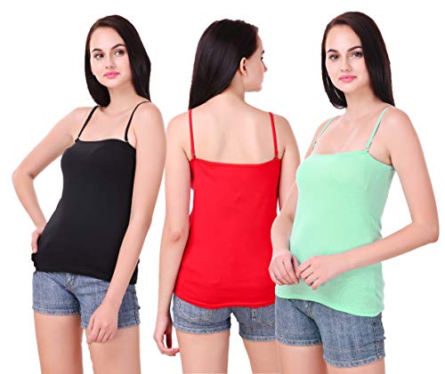 Image of Set of 3 Spaghetti Camisole Vest Top Inner Wear Camis with Adjustable and Detachable Strap (Free 1 Pair Transparent Strap) for Women and Girls
