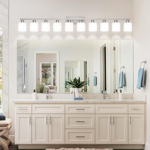 Image of Brushed Nickel Bathroom Sink Lighting Fixtures for Giant Mirror, Anti-Rust Finish 65 inch 10 Light Bathroom Vanity Light Fixtures Modern with Milky White Frosted Glass