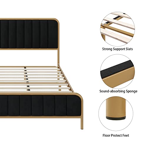 Hithos King Size Bed Frame, Upholstered Bed Frame With Button Tufted Headboard, Heavy Duty Metal Mattress Foundation With Wooden Slats, Easy Assembly, No Box Spring Needed (Golden/Black, King) #TOP5
