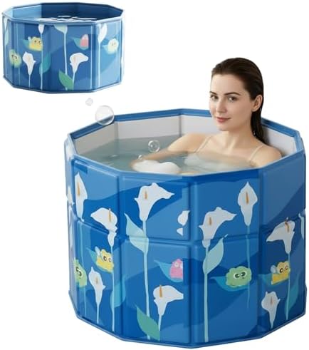 Portable Step-In Round Bathtub for Adults No Installation 27.5″L x 26.7″H Foldable Soaking Bath Tub for Shower Stall, Cold Plunge Collapsible Hot Ice Home SPA Tub (Blue, 27.5″L x 27.5″W x 26.7″H)