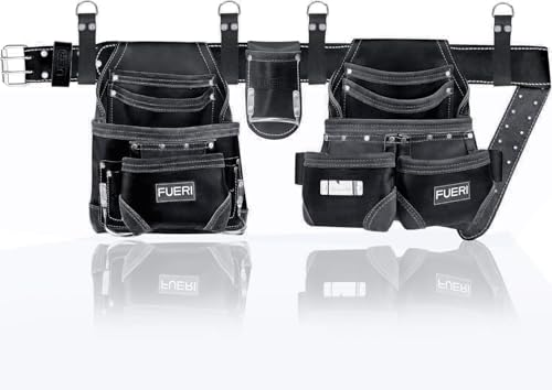 FUERI Leather Tool Belt for Men, 16 Pocket Pro Framing Combo Comes with Heavy Duty Tools Pouches, Triple Hammer holder, Adjustable Padded Belt, and 4 Suspender Loops for Electrician and carpenter's