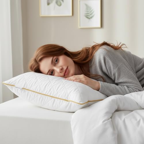 Image of Premium Quilted Microfiber Pillow for Sleeping | 3D Virgin Fiber Filled | Soft Neck Support Bed Pillow with Edge Piping | Mustard Yellow, 17x27 Inch