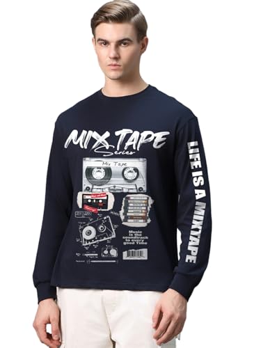 Image of Bewakoof Men's Graphic Printed Oversized Fit Full Sleeve Round Neck Cotton Jersey T-Shirt