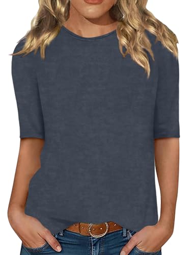 Minetom Damen Halbarm T-Shirt Rundhals Sommer Tshirt Leichte Einfarbig Oberteil Basic Tops A Marineblau M