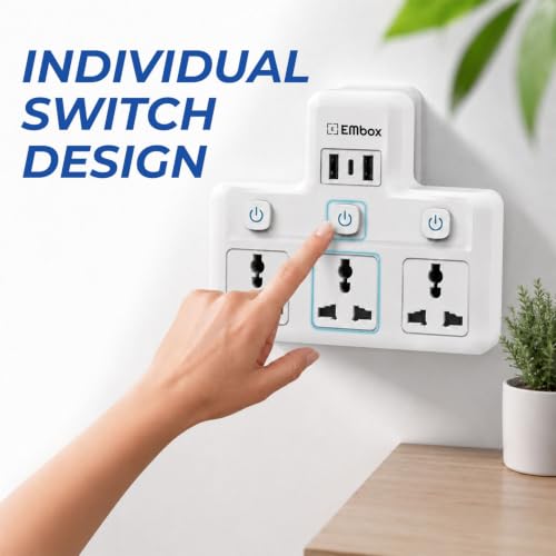 Image of EMBOX Multi Plug Adapter with Individual Switch| Cordless Extension Board with 3 Universal Sockets| Multiplug 1500W Super Saver