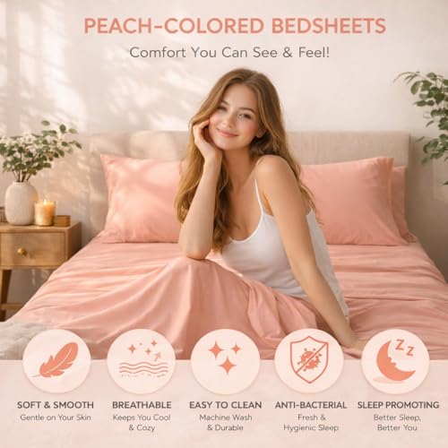 Image of Queen Size Bed Sheet - 600 Thread Count Single Flat Sheet Only - Long Staple Egyptian Cotton Top Sheet Wrinkle & Fade Resistant - Peach
