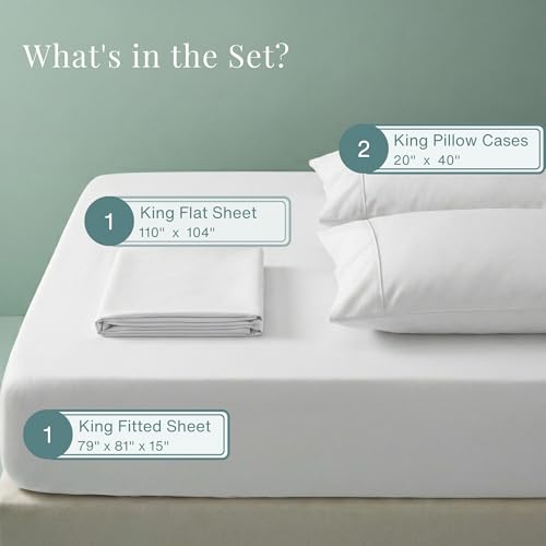 Image of 100% Egyptian Cotton Sheets King Size Sheets Set with Fully Elasticated 15 inch Deep Fitted Sheet & Pillowcase Sets, 800TC Sateen Weave Hotel Collection King Sheet Set, Soft Luxury White Bedding