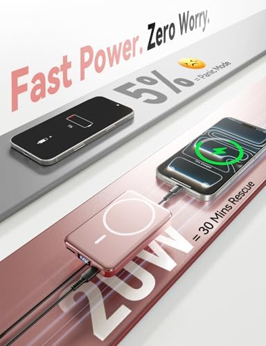 Magnetic Portable Charger 10000mAh, Fast Charging MagSafe Battery Pack | 20W USB-C Fast Charging PowerBank with LED Display, Travel Essentials Wireless Charger for iPhone 17/16/15/14/13/12,RoseGold