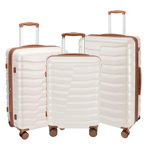 Lightweight Luggage with Spinner Wheels & YKK Zipper, 3-Piece Suitcase ABS+PC Hardside Luggage Set with TSA Lock for Women Men, Apricot Off White (20+24+28 inch)