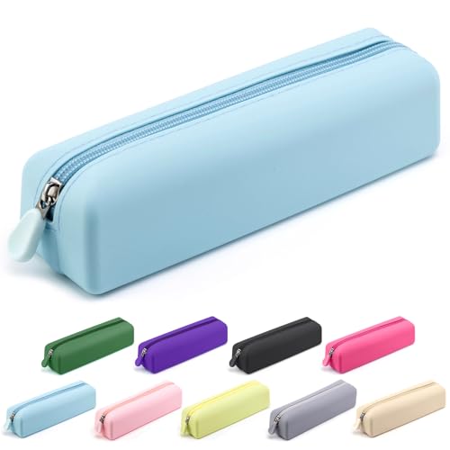 Image of Silicone Pencil Case, Pencil Pouch Aesthetic, Pencil Bag, Pen Bag, Pen Case for Women, Makeup Pouch Light Blue