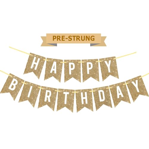 Pre-Strung Gold Happy Birthday Banner Decorations 12 ft No DIY Gold Glitter Birthday Party Banner Sign Decor for Women Men Girl Boy Party Supplies
