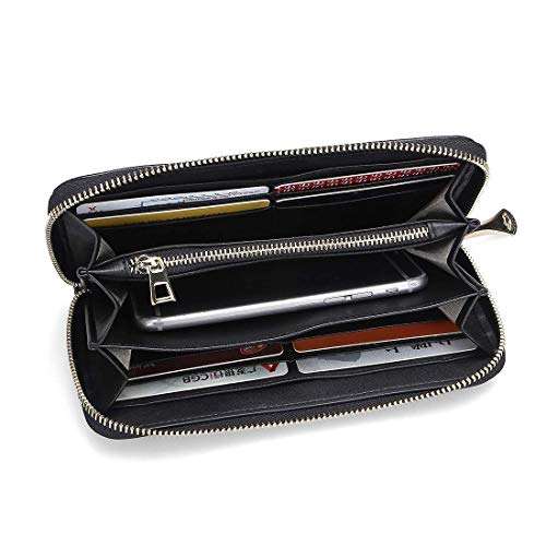 Women's Embossed Zip around Calfskin Leather waller RFID theft protection, built-in thin lining designed to block radio frequency identification and prevent against electronic theft.(BLACK)2