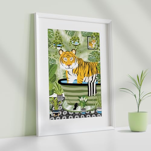 Parmaro Tiger Bath Print - A4 UNFRAMED, Animal Toilet Decor, Green Black, Tropical Bathroom Theme, 29.7L x 21W cm - Image 4