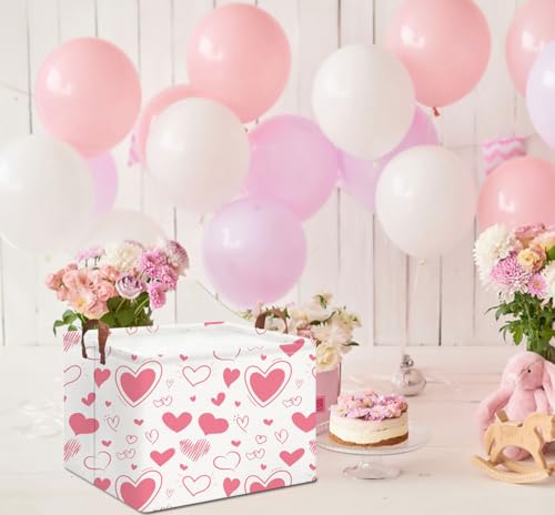 Image of Rectangle Pink Gift Basket Empty with for Kids,Pink Valentine Bakset,Cute Organizer Toy Bin,Gift Basket for Girls /Kids(Pink & White Heart)