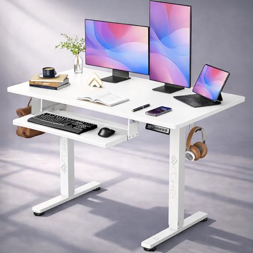 Image of ARTIKEL Artidesk Electric Height Adjustable Table for Office Work with Keyboard Tray | Sit Stand Gaming Desk| 80Kg Wt Lift | 2 Headphone Hook Cable Management (White, 120x60cm)