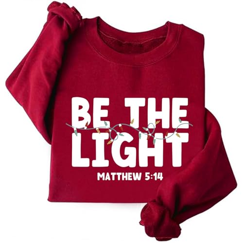 Image of TONGCHEN Be The Light Christian Christmas Sweatshirt for Women Bible Verse Holiday Lights Sweatshirts (US, Alpha, X-Large, Regular, Regular, Red)