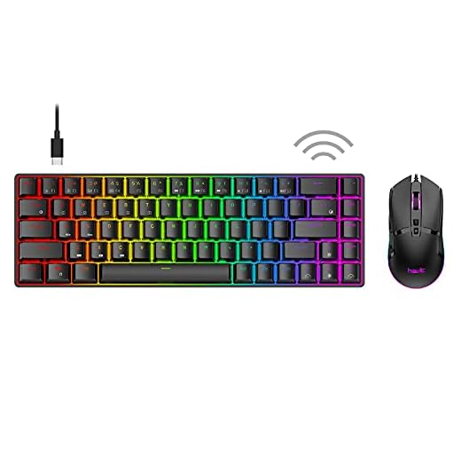 Havit 60% Wireless Mechanical Keyboard and Wired Mouse, Bluetooth 5.1 & Type C Wired 68 Keys Gaming Keyboard Brown Switch,Programmable Gaming Mouse for Multi-Device PC Laptop Gamer (Black)