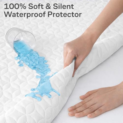 Image of 100% Waterproof Noiseless & Cooling Mattress Protector - Twin Size - White | Viscose Made from Bamboo, 360 Protection Against Spills, Stains, & Accidents, 20 inch Deep Pocket, For Parents & Pet Owners