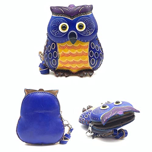 Handmade Vintage Genuine Leather 3D Animal Owl Coin Purse with Removable Wrist Strap (Blue)4