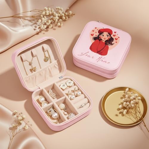 Image of PRIMIT Personalized Jewelry Box with Name & Birth Flower - Custom Travel Jewelry Organizer Case - Bridesmaid, Birthday, Christmas Gift for Women & Girls (Heart Girl)