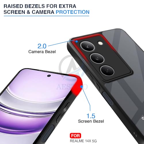 Image of AESTMO Realme 14X 5G Back Cover | 360 Protection | Crystal Clear Hard Back Transparent | Bumper Case for Realme 14X 5G (PC+TPU, Black Bumper)