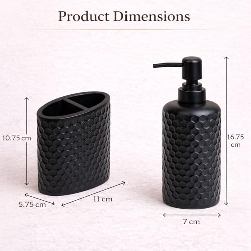 Image of MARKET 99 Black Diamond Cut Bathroom Accessories Set of 2 | Matte Black Polyresin Soap Dispenser & Toothbrush Holder | Luxury Bathroom Organizer Set for Vanity & Wash Basin