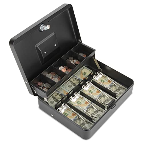 Polspag Cash Box With Lock And 2 Keys, Metal Money Box With Cash Tray, Lock Safe Box, 4 Bill/5 Coin Slots, 11.8L X 9.5W X 3.5H Inches (Top Key-Black) #TOP4