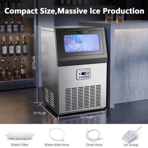 Image of 80lbs Commercial Ice Machine, 18lbs Storage for Bar and Kitchen | 13 thickness levels, 10-min auto self-clean, 24H timer, LED panel, and quick water hookup - effortless daily use.