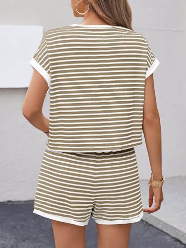 Image of Tankaneo Womens Summer 2 Piece Sets Striped Short Sleeve T Shirts and Shorts Loungewear Matching Set