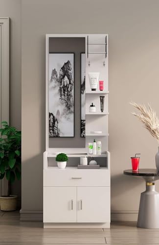 Image of Bniture Wooden Dressing Table for Bedroom with 1 Drawer, Mirror and Huge Storage Space | Long Dresser Vanity Table with Mirror (42D x 60W x 180H CM) | 3 Year Warranty (Frosty White, HXDR103)