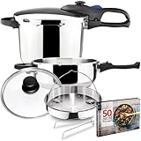 MAGEFESA Favorit Six Stainless Steel Pressure Cooker Set, 3.2 & 6.3 Qts, Induction Compatible, Heat Diffuser Base, 5 Safety Systems – Special Edition (Steam Basket, Lid & Recipe Book)
