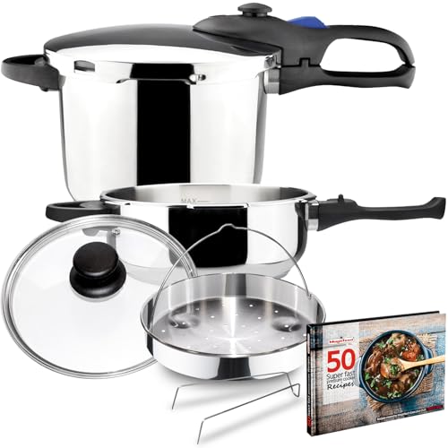 Magefesa Favorit SIX Pressure Cooker Set, 3.0L + 6.0L, Stainless Steel, Induction-Compatible, Heat Diffuser Base, 5 Safety Systems, Special Edition with Steam Basket, Glass Lid & Recipe Book by Magefesa - Used condition - CA$102.51