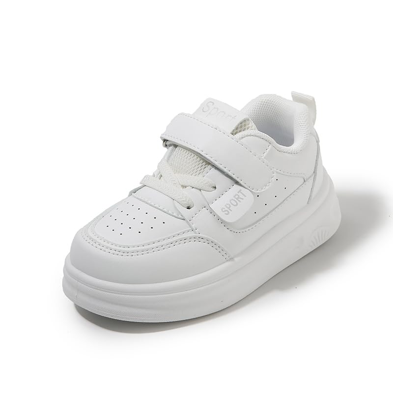 White Toddler Sneakers for Boys and Girls, Slip-Resistant Lightweight Athletic Shoes with Hook and Loop Strap, Easy On Casual Walking Trainers